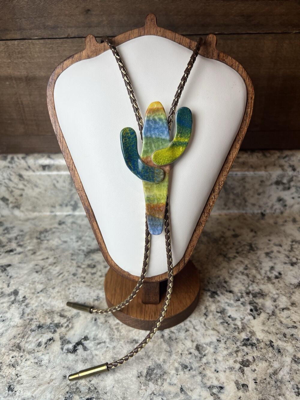 Vtg 90s Ceramic Cactus Signed Bolo Tie Lariat Necklace Western Boho Artsy